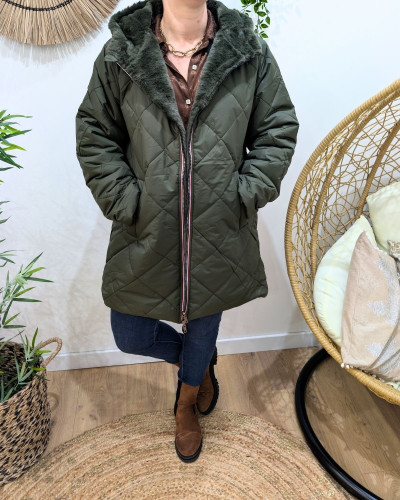 Parka longue femme kaki matelassée réversible fausse fourrure Lioba