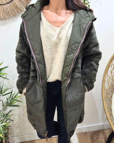 Parka longue femme kaki matelassée réversible fausse fourrure Lioba