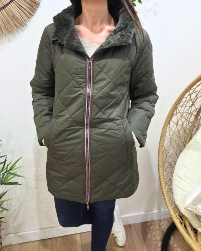 Parka longue femme kaki matelassée réversible fausse fourrure Lioba