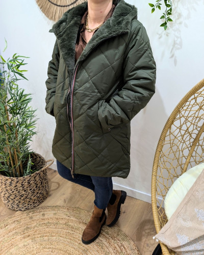 Parka longue femme kaki matelassée réversible fausse fourrure Lioba