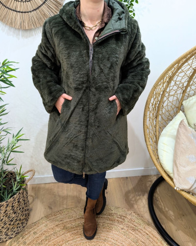 Parka longue femme kaki matelassée réversible fausse fourrure Lioba