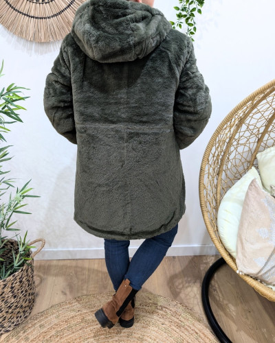 Parka longue femme kaki matelassée réversible fausse fourrure Lioba