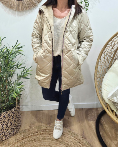 Parka longue femme dorée matelassée réversible fausse fourrure beige Lioba