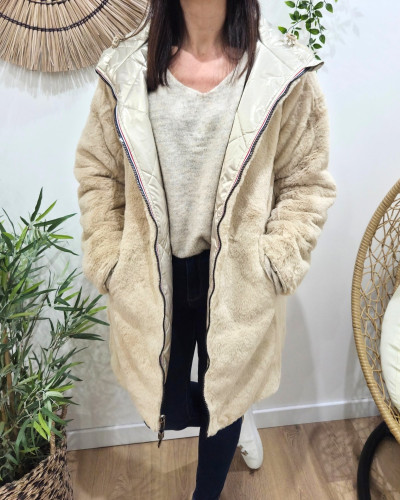 Parka longue femme dorée matelassée réversible fausse fourrure beige Lioba