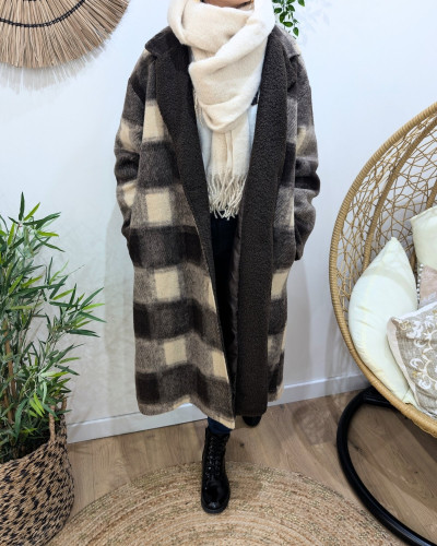 Manteau long femme à carreaux marron et beige