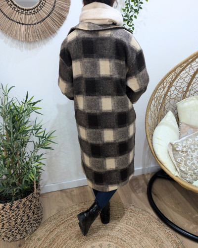 Manteau long femme à carreaux marron et beige