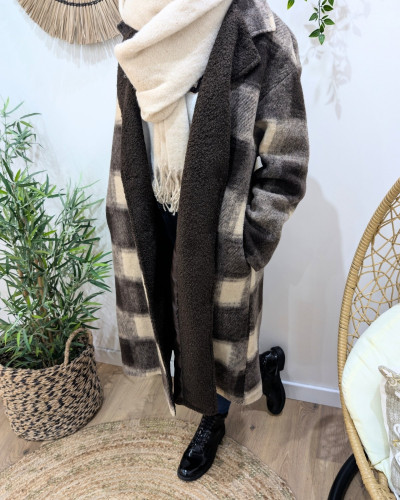 Manteau long femme à carreaux marron et beige