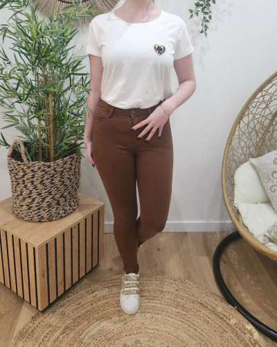 Pantalon femme marron skinny taille haute
