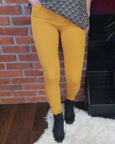 Pantalon femme jaune moutarde long skinny taille haute