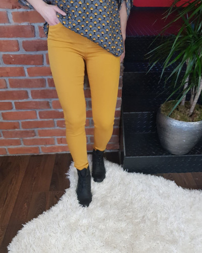 Pantalon femme jaune moutarde long skinny taille haute