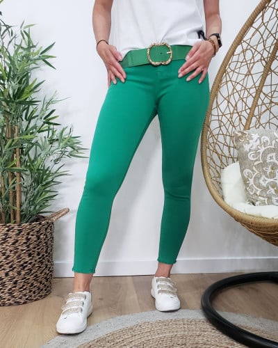 Pantalon femme vert gazon 7/8 skinny taille haute