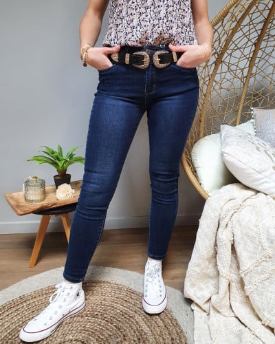 Jean femme bleu foncé légèrement délavé skinny taille haute