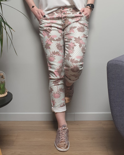 Pantalon vert d'eau fleurs roses et taupes