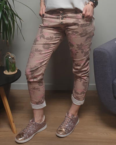 Pantalon beige fleurs roses et taupes