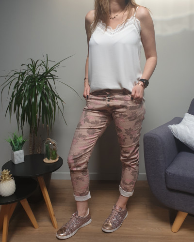 Pantalon beige fleurs roses et taupes