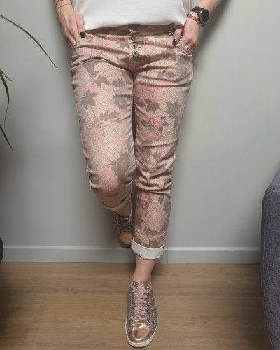 Pantalon beige fleurs roses et taupes