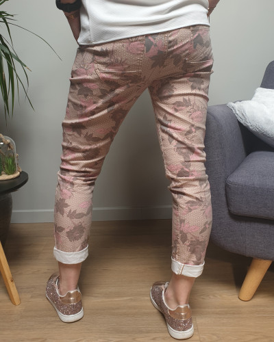 Pantalon beige fleurs roses et taupes