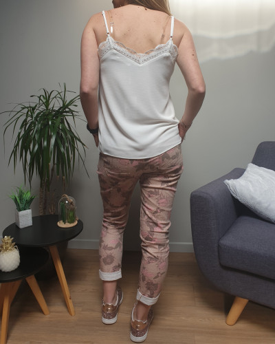 Pantalon beige fleurs roses et taupes