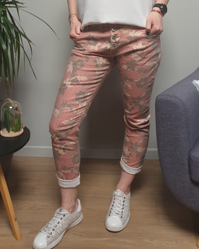 Pantalon corail fleurs bleiges et taupes