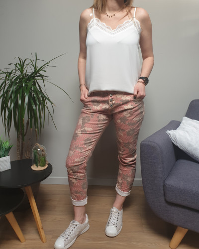 Pantalon corail fleurs bleiges et taupes