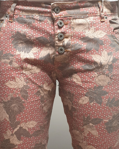 Pantalon corail fleurs bleiges et taupes