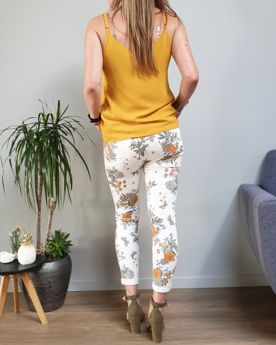 Pantalon blanc fleurs et papillons oranges et grises taille haute