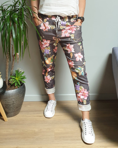 Pantalon fluide noir grosses fleurs multicolores