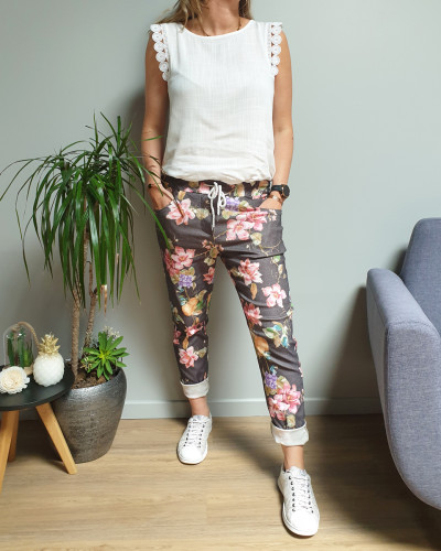 Pantalon fluide noir grosses fleurs multicolores