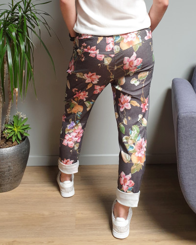 Pantalon fluide noir grosses fleurs multicolores