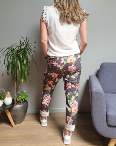 Pantalon fluide noir grosses fleurs multicolores