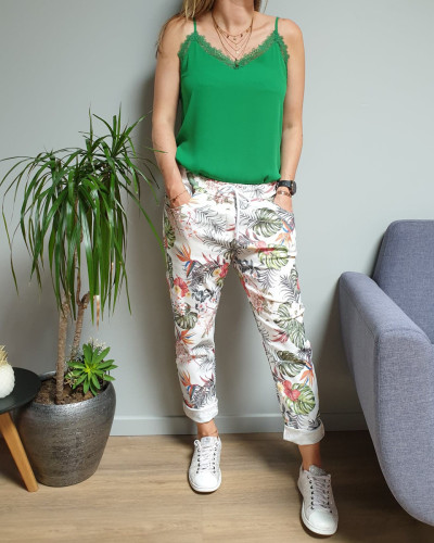 Pantalon fluide blanc feuillages et fleurs exotiques multicolores