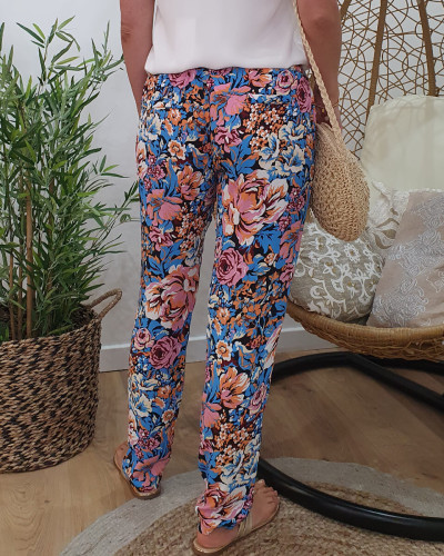 Pantalon femme fluide imprimé floral bleu rose et orange