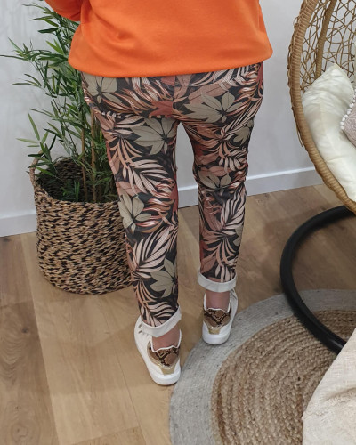 Pantalon fluide noir feuillage kaki et rouille