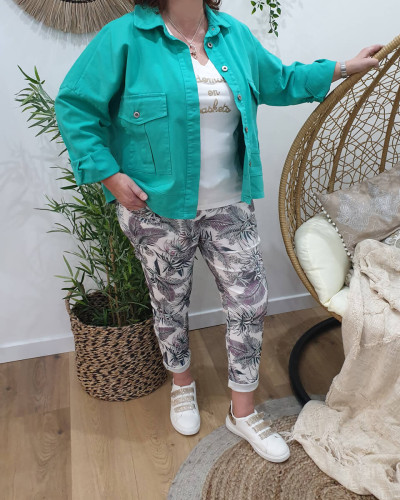 Pantalon fluide blanc jungle vert et parme