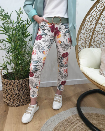 Pantalon femme skinny blanc grosses fleurs multicolores