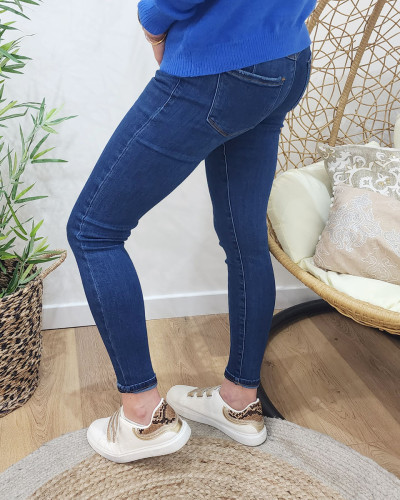 Jean femme foncé skinny push up poches effet abîmé