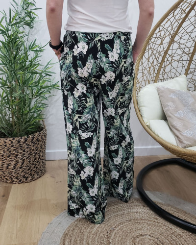 Pantalon femme fluide évasé Léa noir et vert