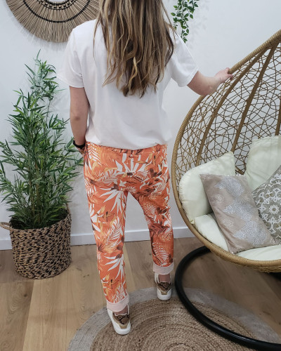 Pantalon fluide orange feuillages blancs et marrons