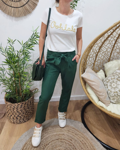 Pantalon femme fluide paper bag vert gazon à noeud