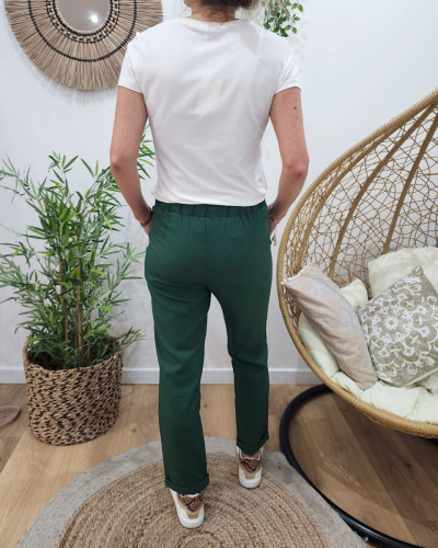 Pantalon femme fluide paper bag vert gazon à noeud