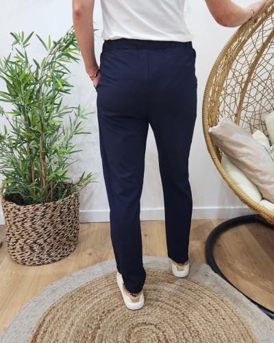 Pantalon femme fluide paper bag bleu marine poches à volants