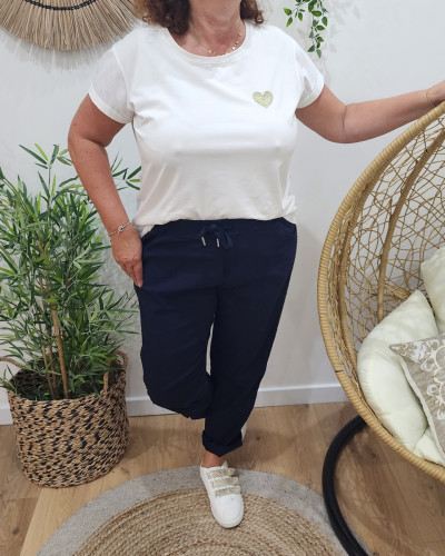 Pantalon fluide uni élastiqué bande lurex