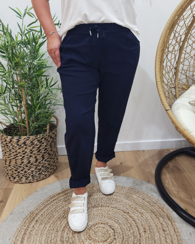 Pantalon fluide uni élastiqué bande lurex