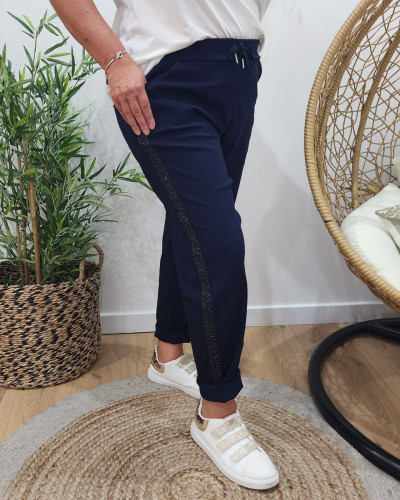 Pantalon fluide uni élastiqué bande lurex