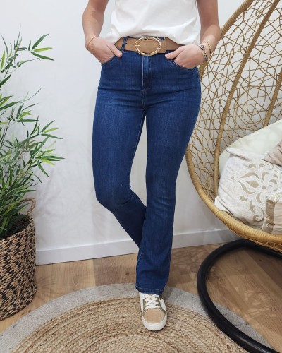 Jean femme foncé slim évasé flare taille haute