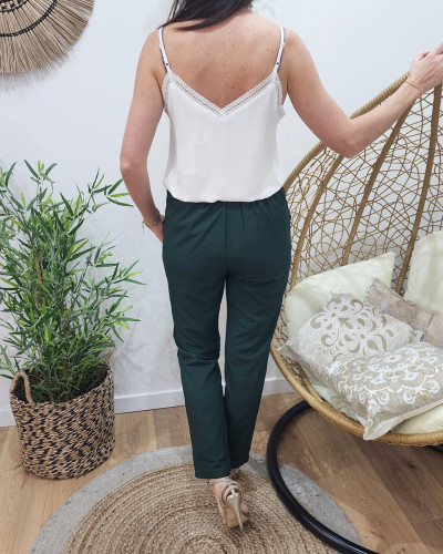 Pantalon femme fluide paper bag vert foncé poches à volants