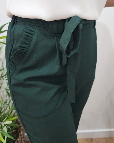Pantalon femme fluide paper bag vert foncé poches à volants