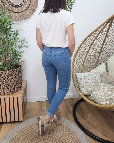 Jean femme clair délavé slim coupe confort taille haute