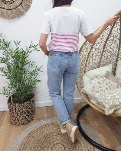 Jean femme clair délavé coupe droite taille haute