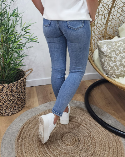 Jean femme bleu clair délavé skinny taille haute push up